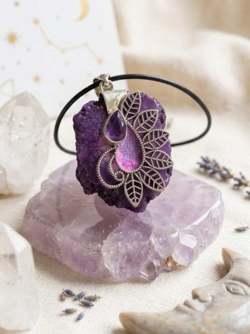 Artisan 925 Sterling Silver Raw Agate Amethyst Leaf Filigree Pendant 2.45" - Picture 9 of 16